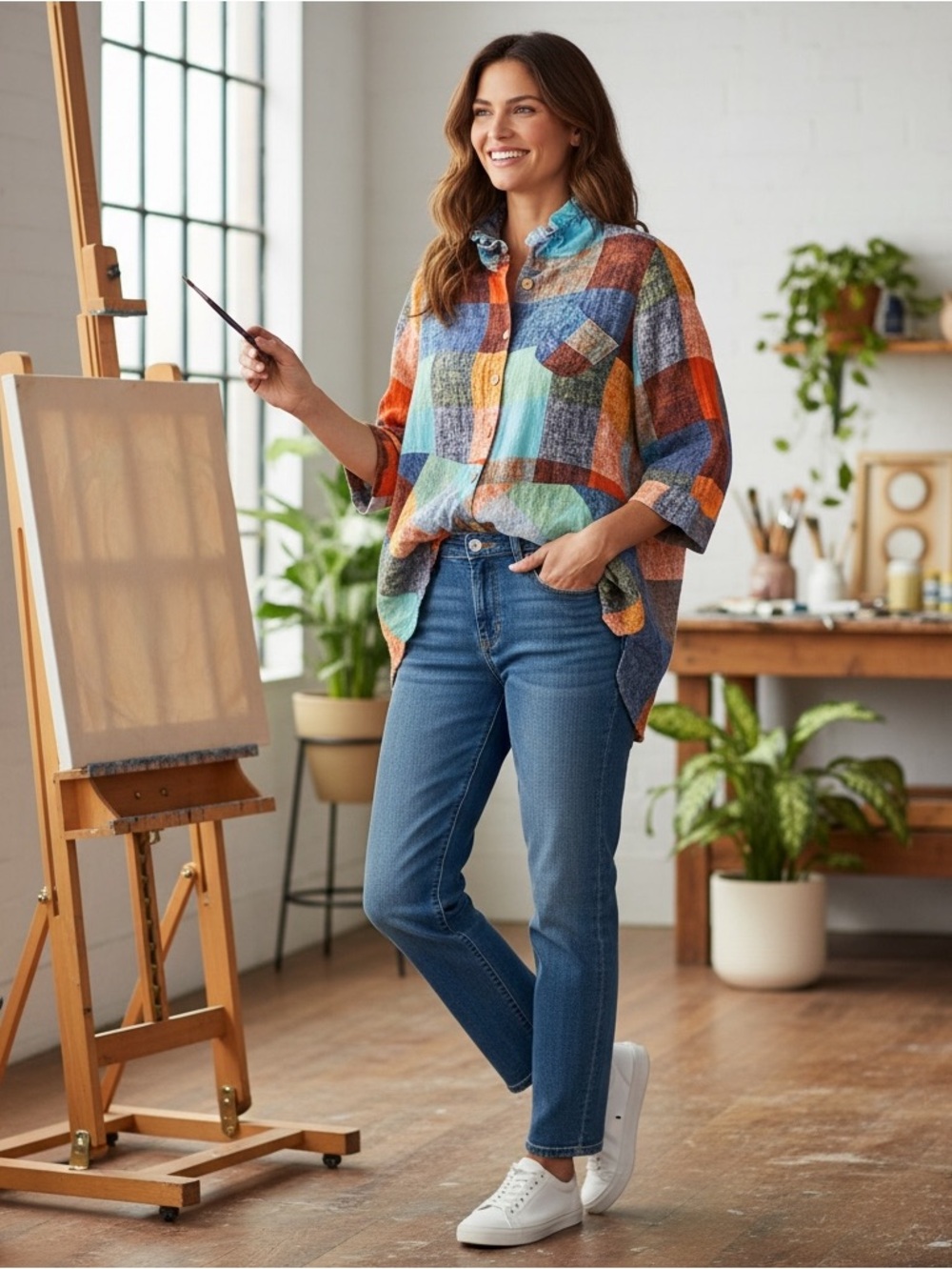 Terra Shirt Womens L Colorful Patchwork Wire Ruffle Collar Boho Tunic SJ Apparel